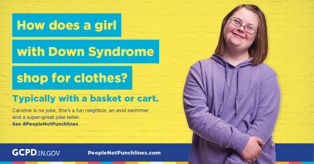 How does a girl with Down Syndrome shop for clothes? Typically with a basket or cart. Disability Awareness Month meme to celebrate people of all abilities