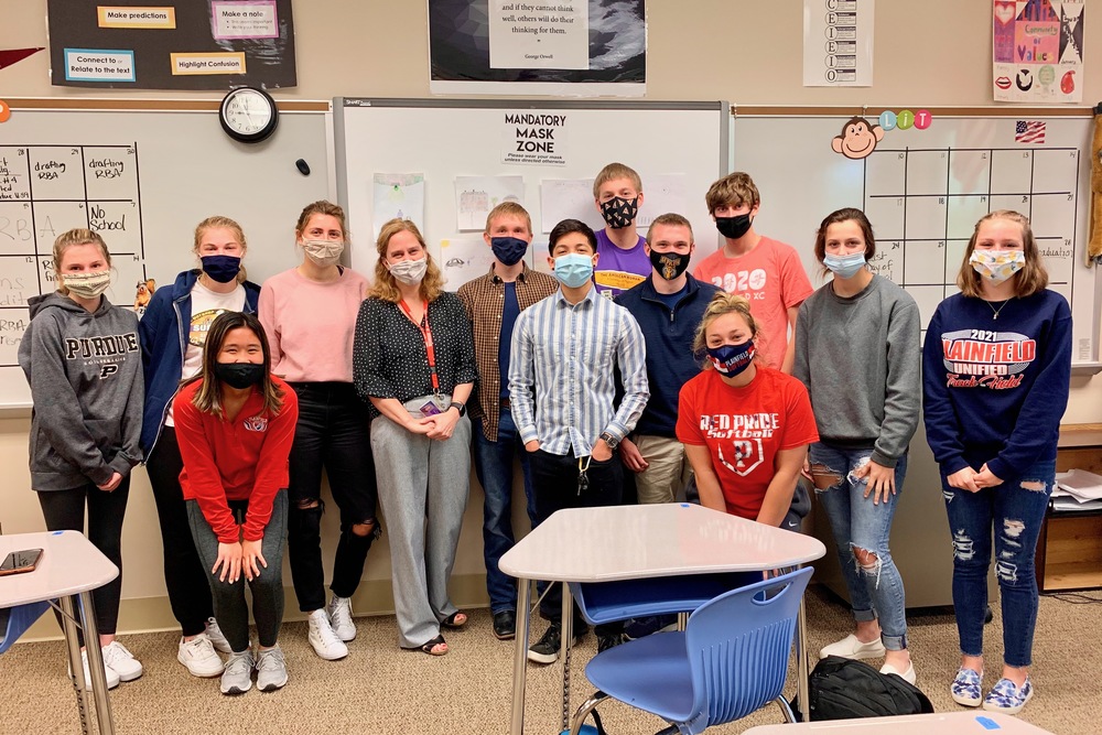 Plainfield Teacher of the Year for 2022, Liza Payton, pictured with her AP Seminar class