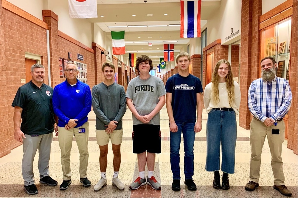 L-R: Pat Cooney, PHS Principal; Dave Owens, PHS Director of Guidance; Cooper Springs; Harrison Woodruff; William Rulon; Madeline Beebe; John Newbold, PHS Guidance Counselor.
