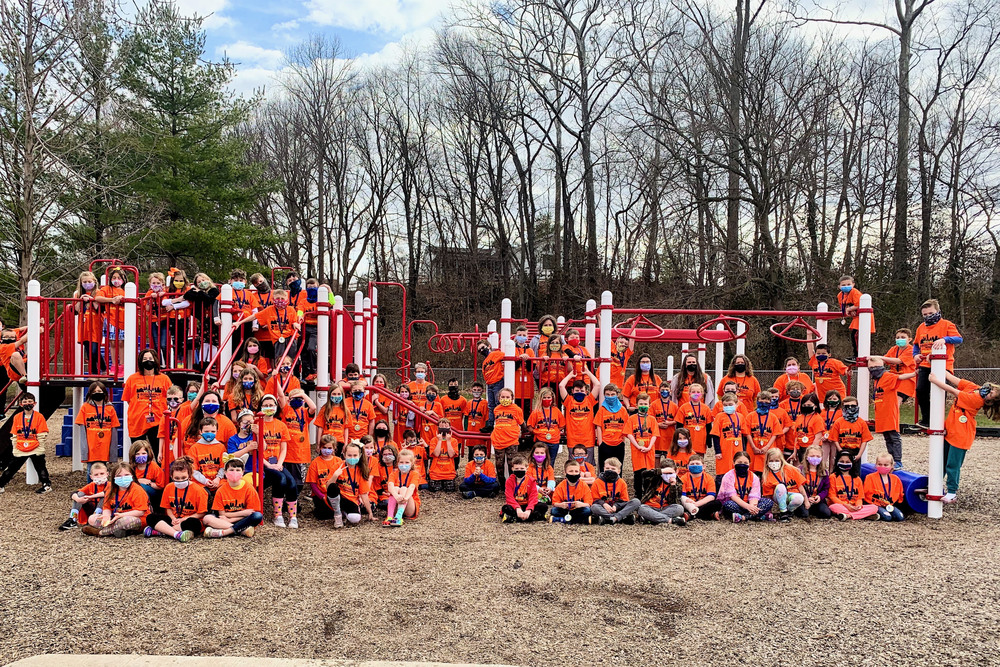 The entire 2nd grade at Van Buren Elementary poses in their matching t-shirts celebrating their classmate and World Down Syndrome Day