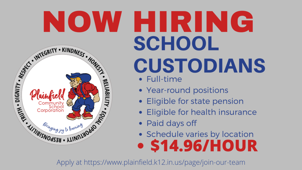 School Custodian positions now available: full-time, year-round with great benefits; $14.96/hour