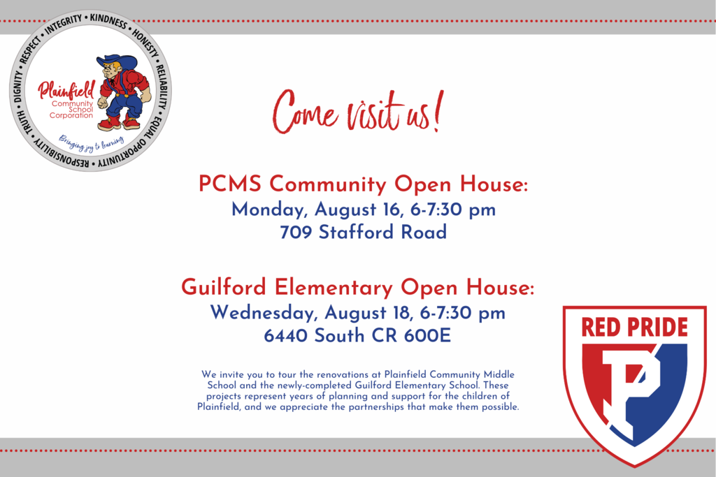 Community Open House information for PCMS (8/16) and Guilford Elementary (8/18), both from 6 - 7:30 pm