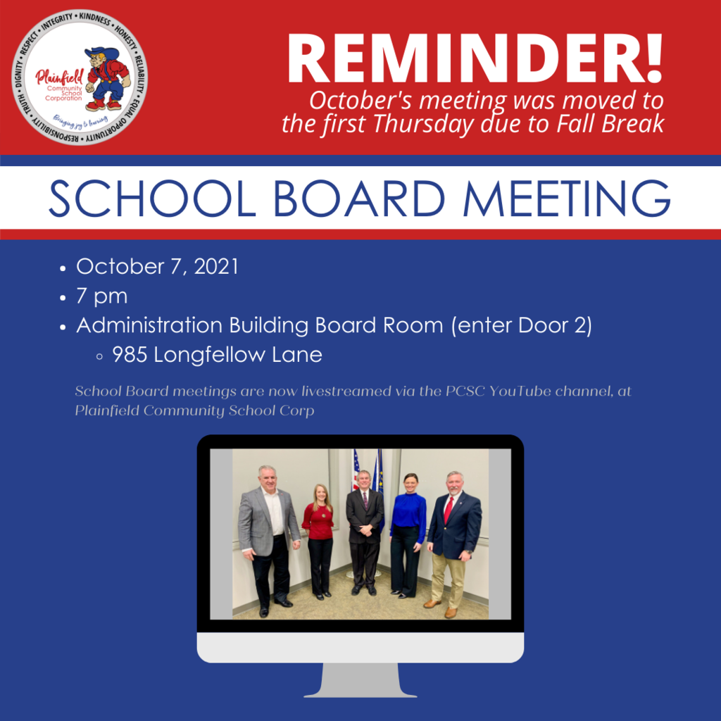 Reminder - October's School Board meeting was moved to the first Thursday due to Fall Break