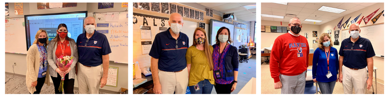 Left: PCMS Principal Kyle Tutterow, Liz Giesting, Scott Olinger  Center: Scott Olinger, Courtney Carmichael, Central Elementary Principal Julie Thacker  Right: PHS Principal Mel Siefert, Liza Payton, Scott Olinger