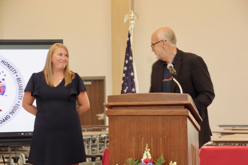 Scott Olinger introduces Guilford Elementary Principal Colleen Perry during the ribbon-cutting ceremony