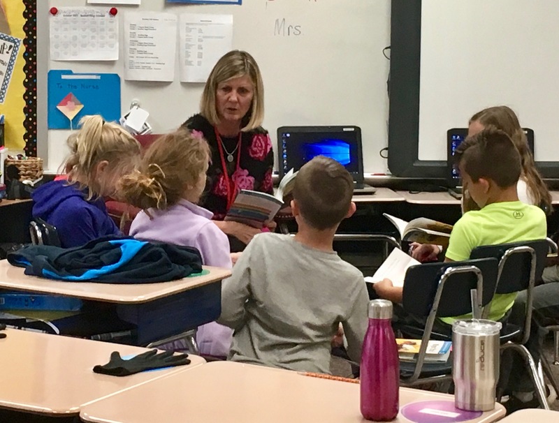 Pictured here is Teri Walters, retired 4th grade teacher from @vbquakers, who is subbing for a few weeks in a 2nd grade classroom. 