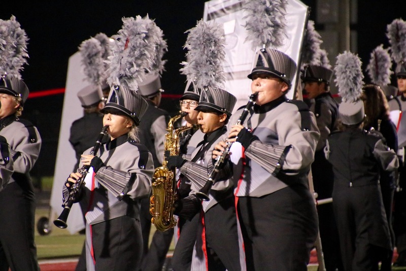 Pictured here, the clarinet and saxophones strike a pose during the band's competition show.