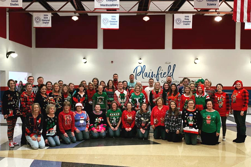 The PCMS teachers, wearing their best, or ugliest, holiday sweaters!